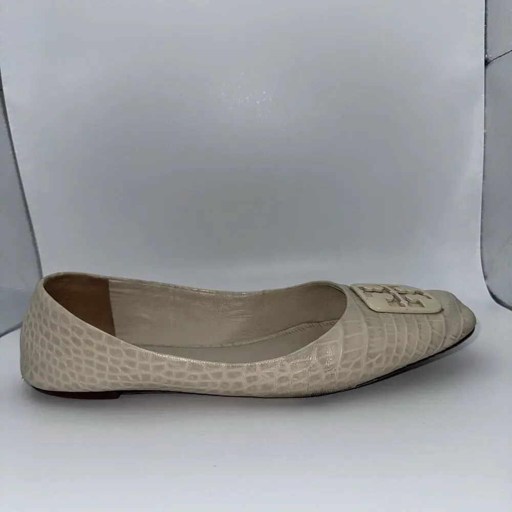 Tory Burch Georgia Ballet Flats Ivory Croc Embossed Logo Womens 10.5M